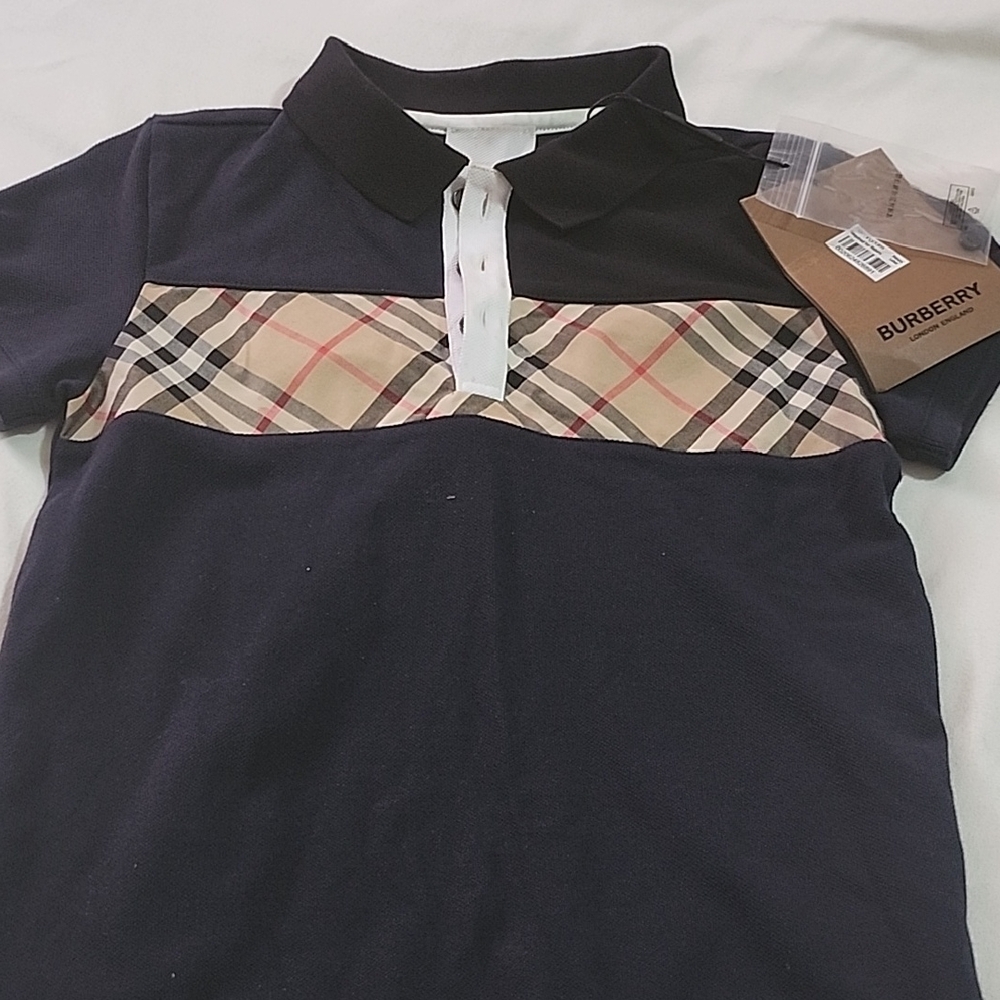 Burberry Blue and Tan Polo Shirt with Plaid Detail